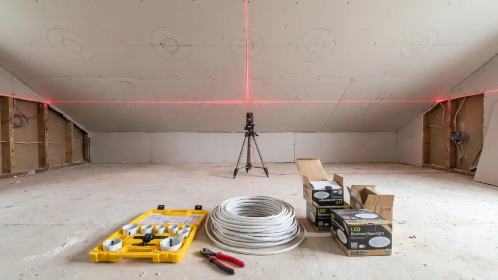 drywall ceiling with marked light circles, laser line, and tools and light boxes laid out on floor below