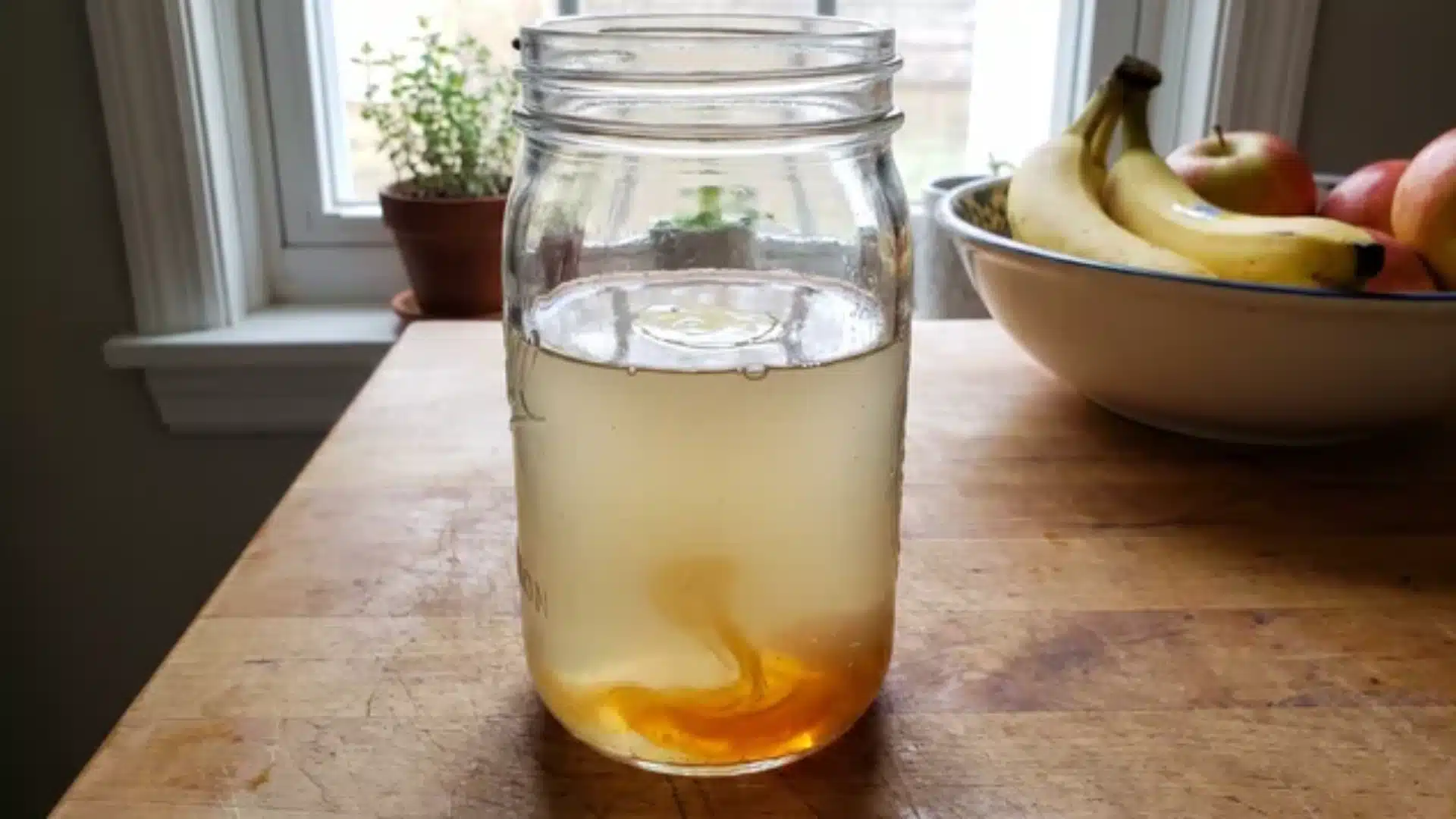 mason jar with apple cider vinegar, dish soap, and honey set on a countertop for fruit fly trap
