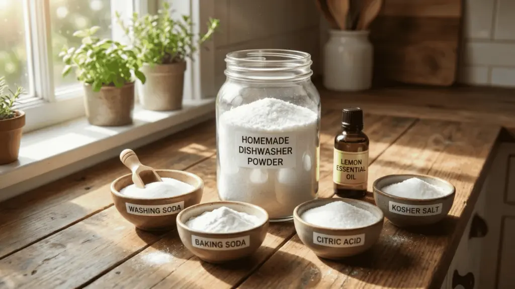 DIY dishwasher detergent in glass jar with baking soda, washing soda, citric acid, salt on kitchen counter.