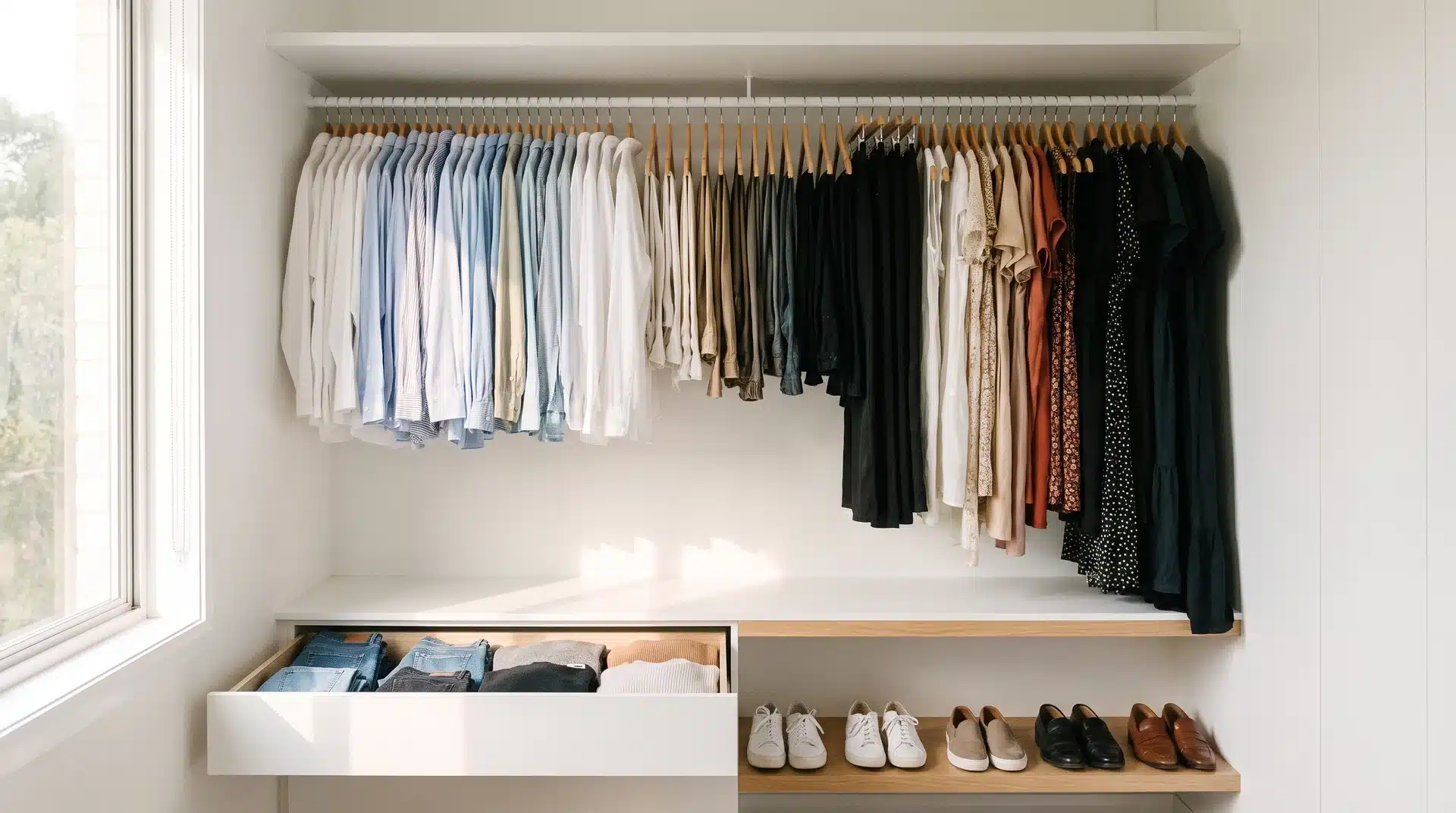 Organised wardrobe grouped by category, light to dark within each section, vertical folding in drawers.