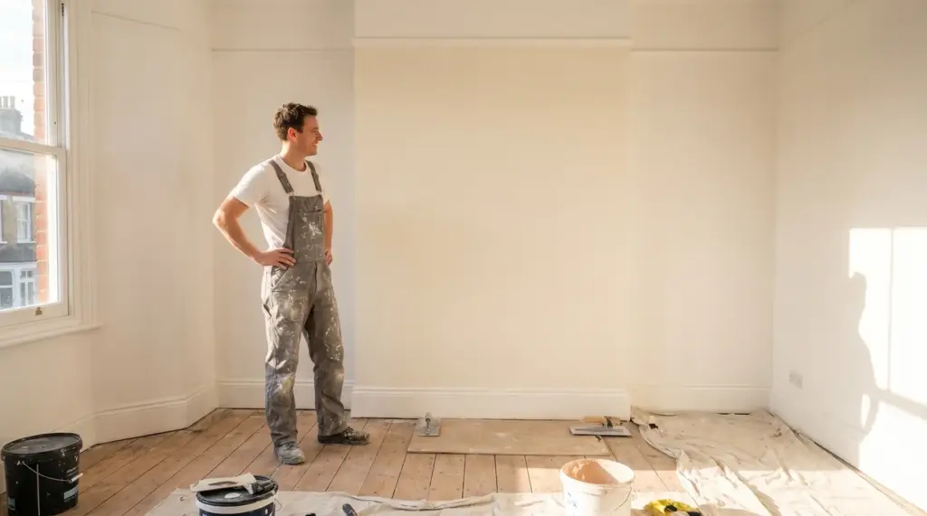 A person in grey overalls stands back to admire a smooth, freshly plastered cream wall in a bright white room.