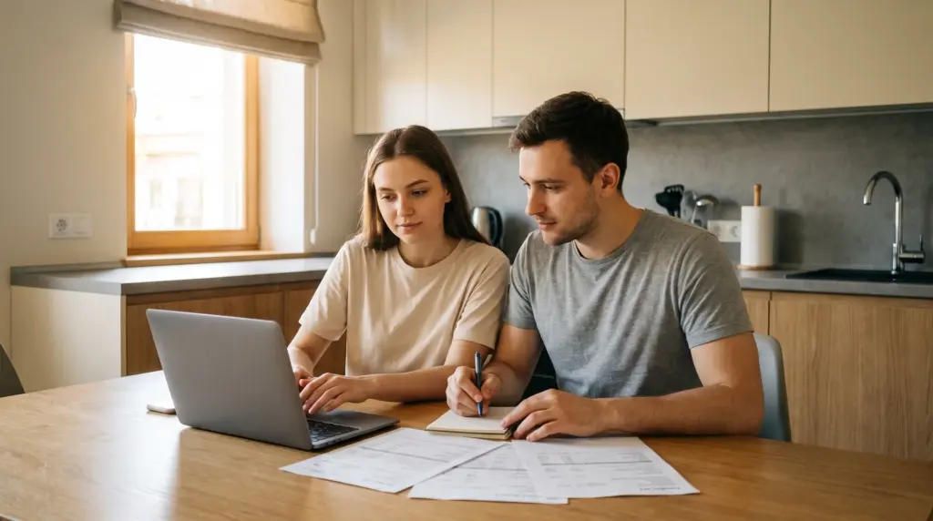 A couple reviewing home-buying financial documents at a kitchen table with a laptop and notebook.