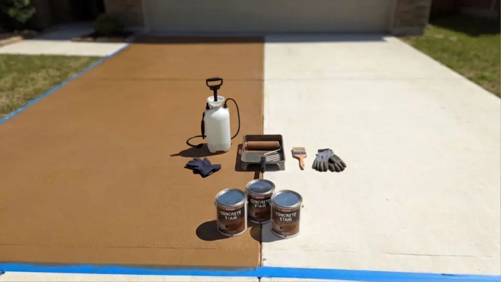 white concrete driveway mid-staining with sprayer, roller, tape, and tools in a residential outdoor setting