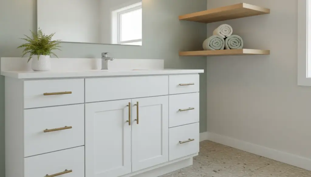 How to Update Bathroom White bathroom vanity with brass handles next to floating shelves holding rolled towels