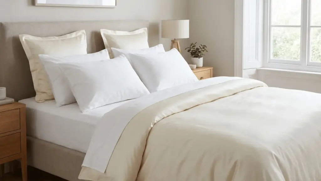 Bed with neatly arranged cotton and silk sheets and pillows in a bedroom