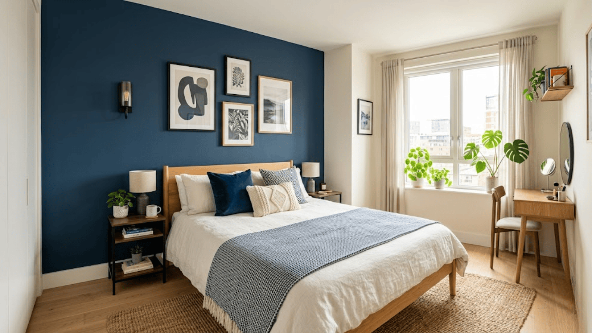 how to decorate a small bedroom with blue accent wall plants framed art and cozy bed