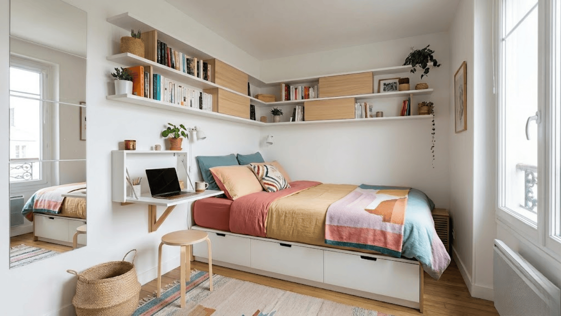 how to decorate a small bedroom with cozy bed wall shelves desk and plants