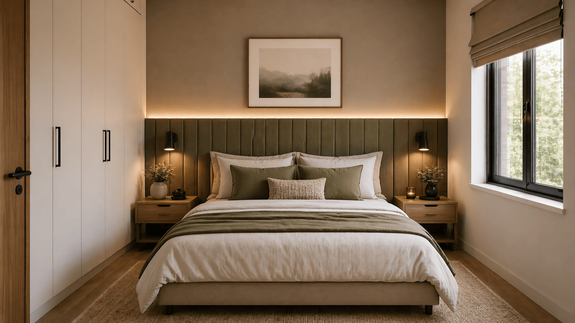 how to decorate a small bedroom with cozy bed warm lighting and minimal decor