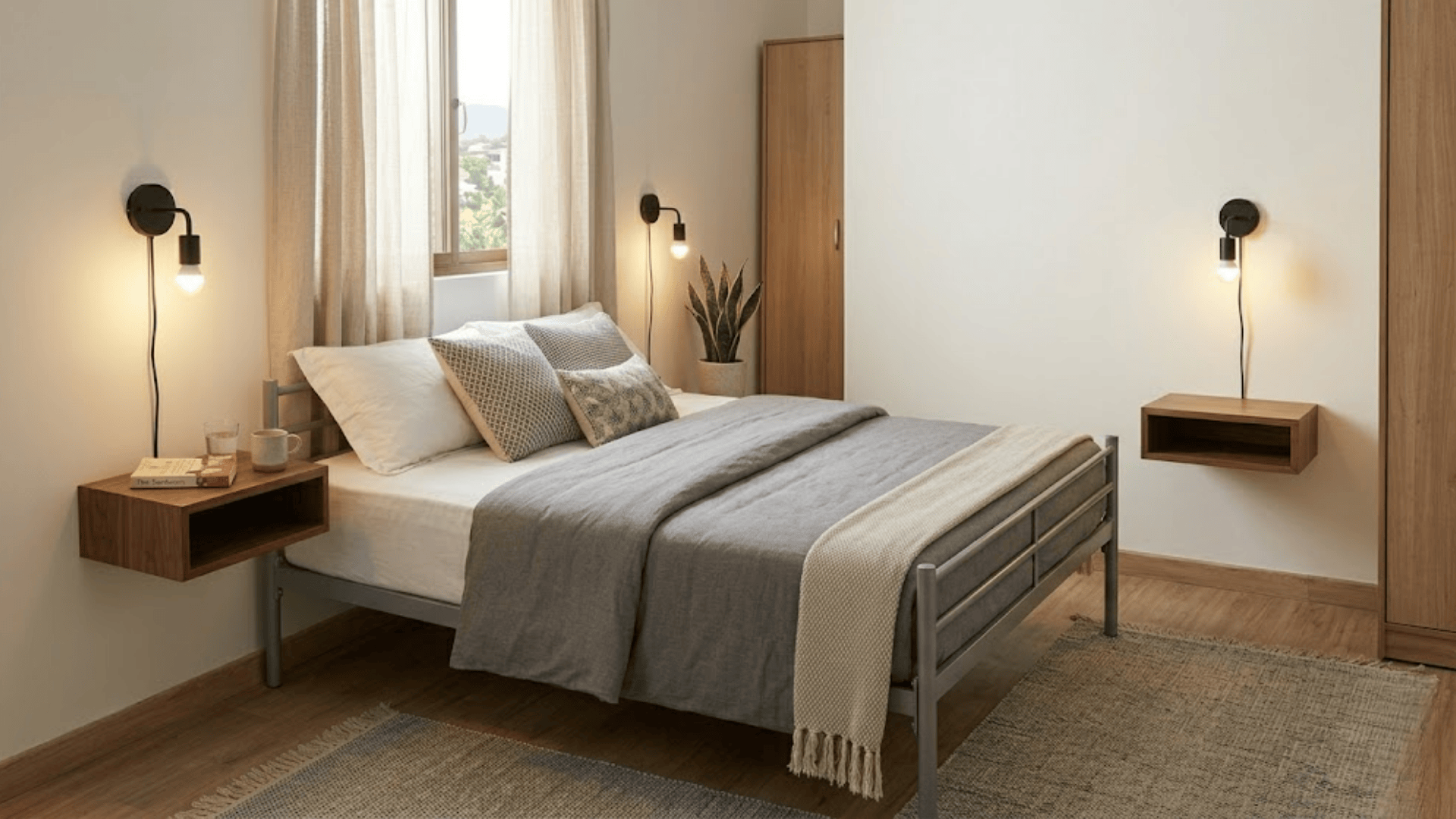 how to decorate a small bedroom with minimal bed wall lights floating shelves and plant