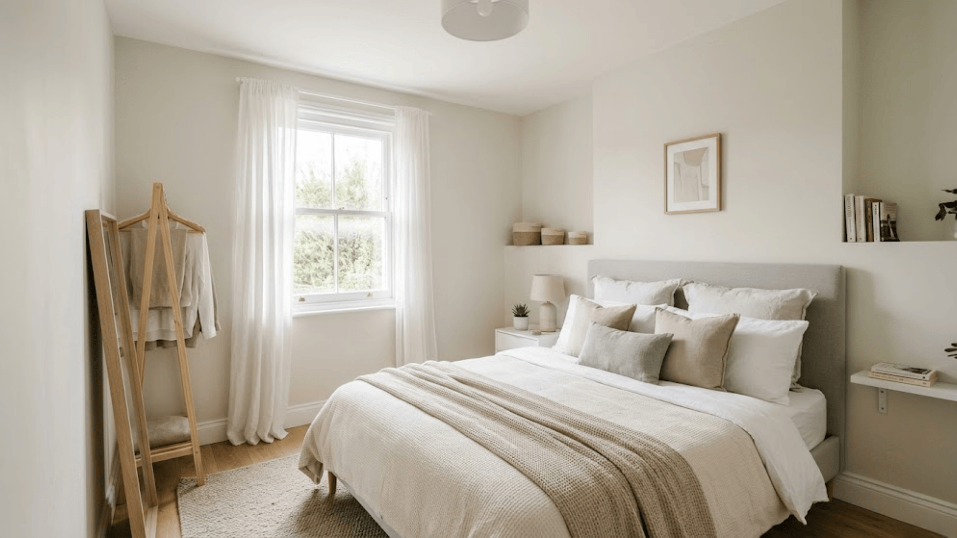 how to decorate a small bedroom with neutral bed soft linens window light and simple decor