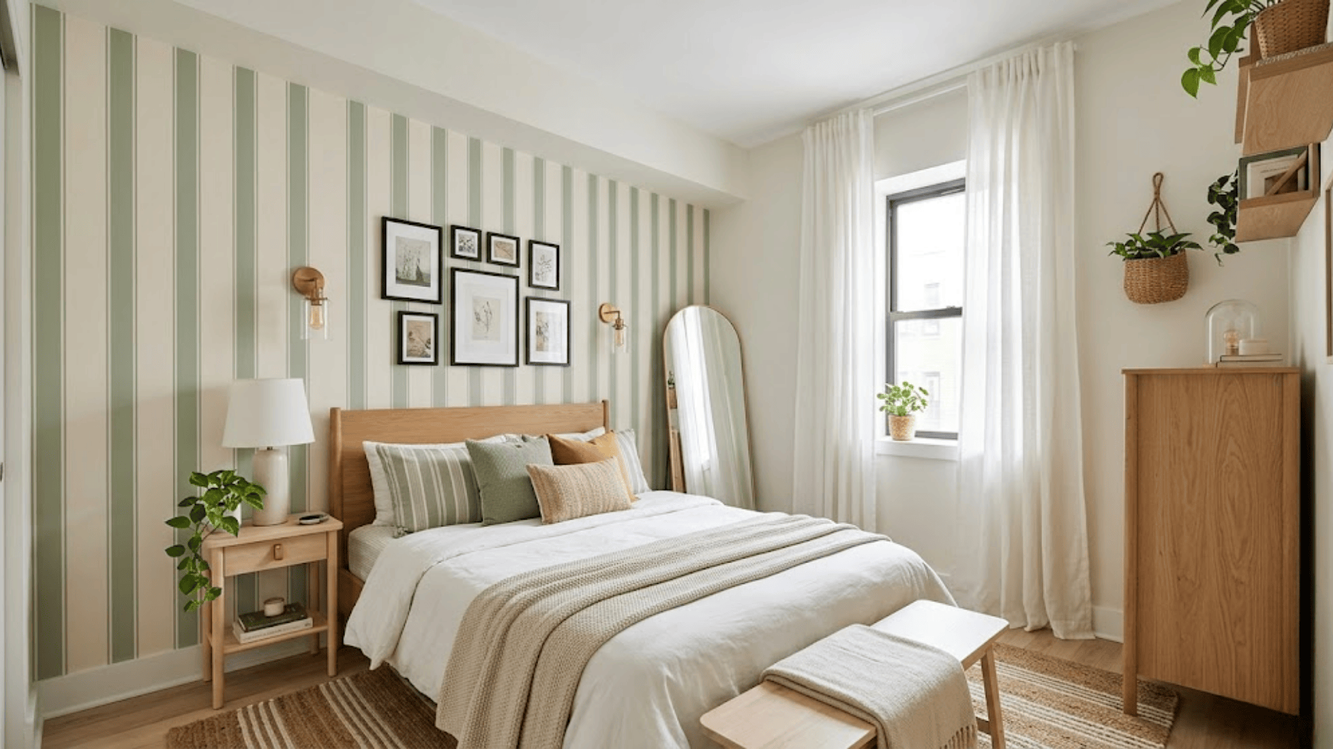 how to decorate small bedroom with wall art and vertical strips