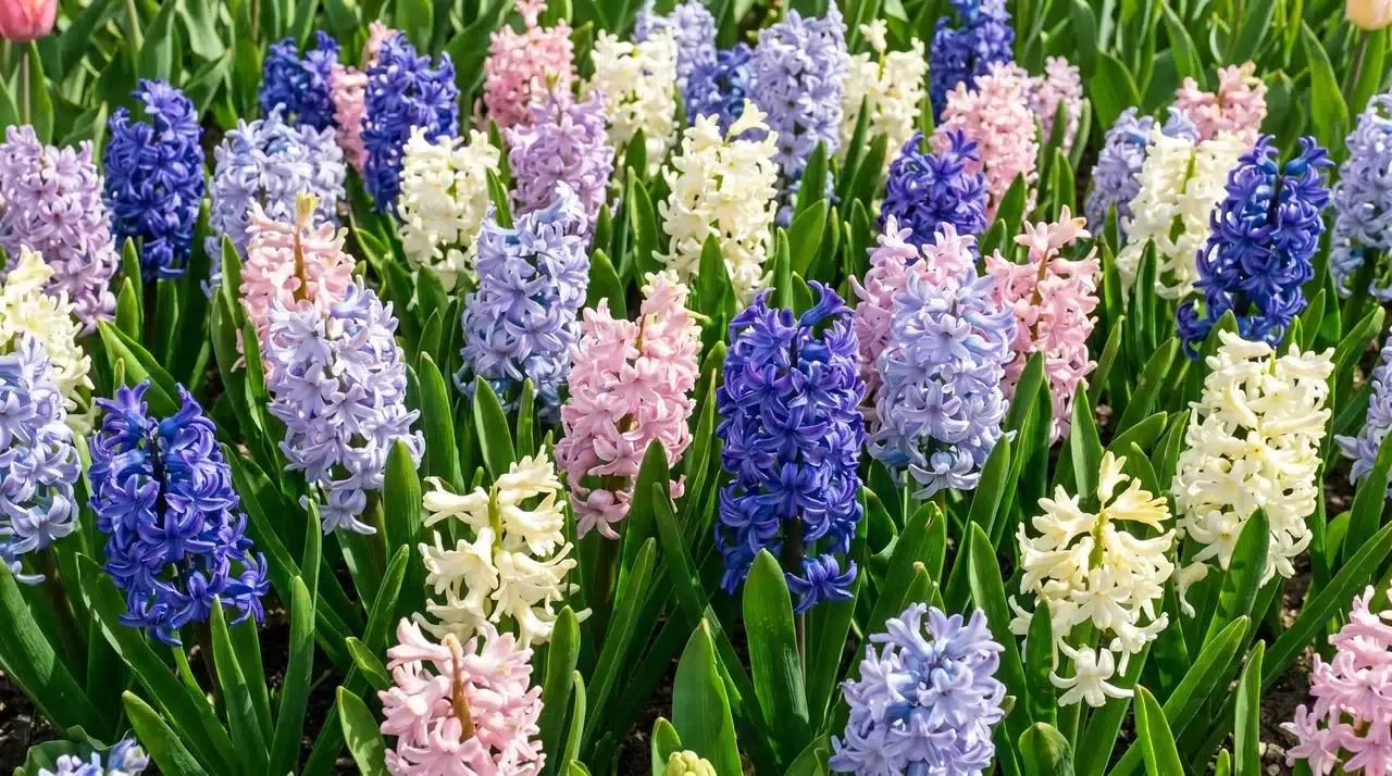 Fragrant hyacinth flowers blooming in a spring garden.