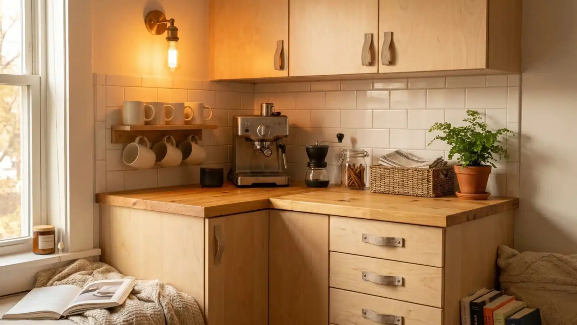 Warm hygge coffee nook with birch cabinets, white tile, Edison light, mugs, grinder, plant, and cozy kitchen styling.