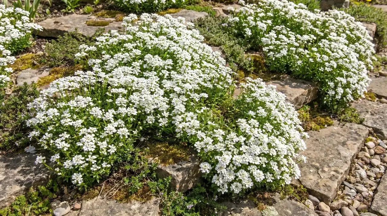 White candytuft flowers covering a low-growing garden plant.