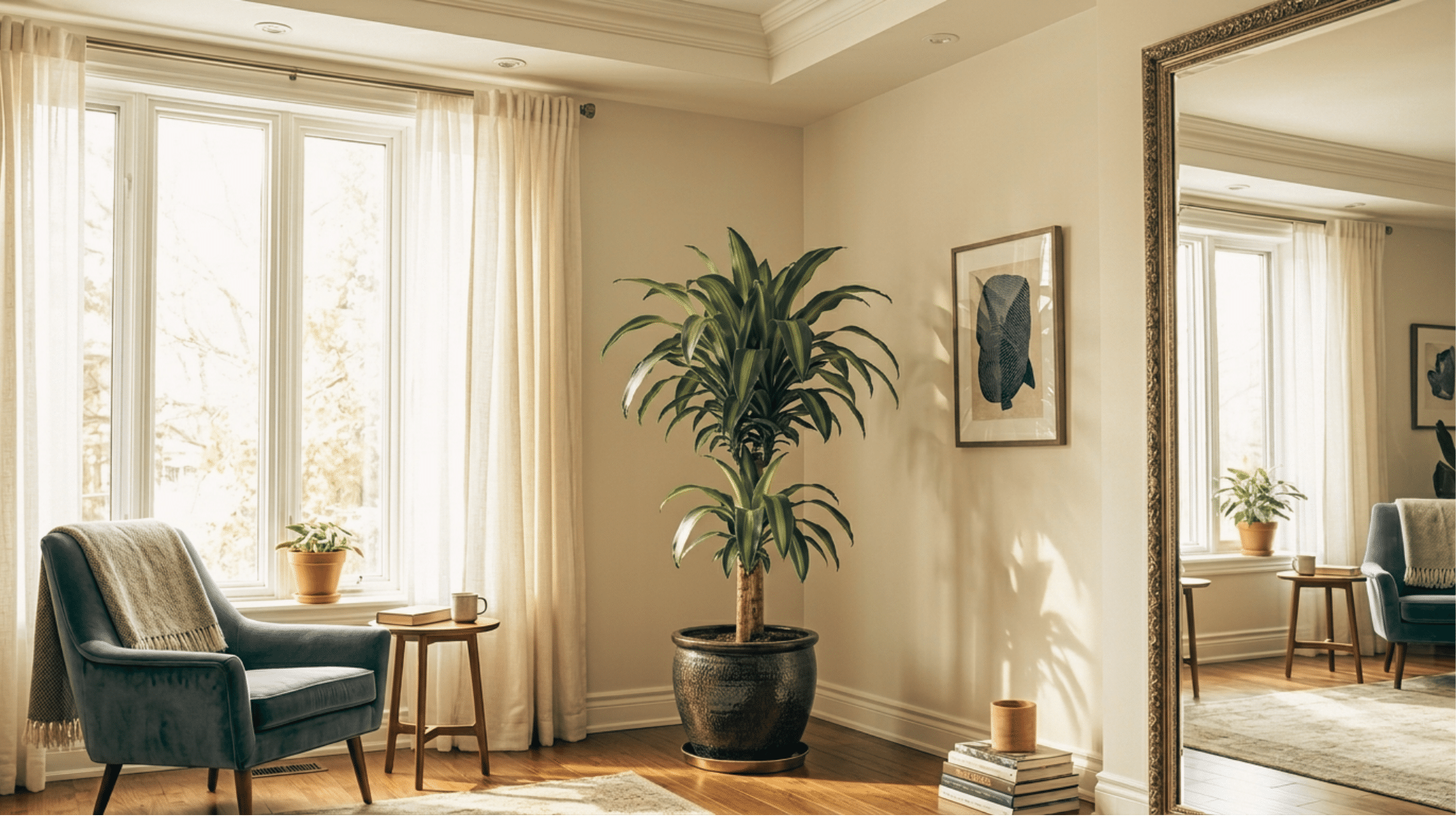 Indoor Dracaena plant in a black pot next to a blue chair by a window with sheer curtains.