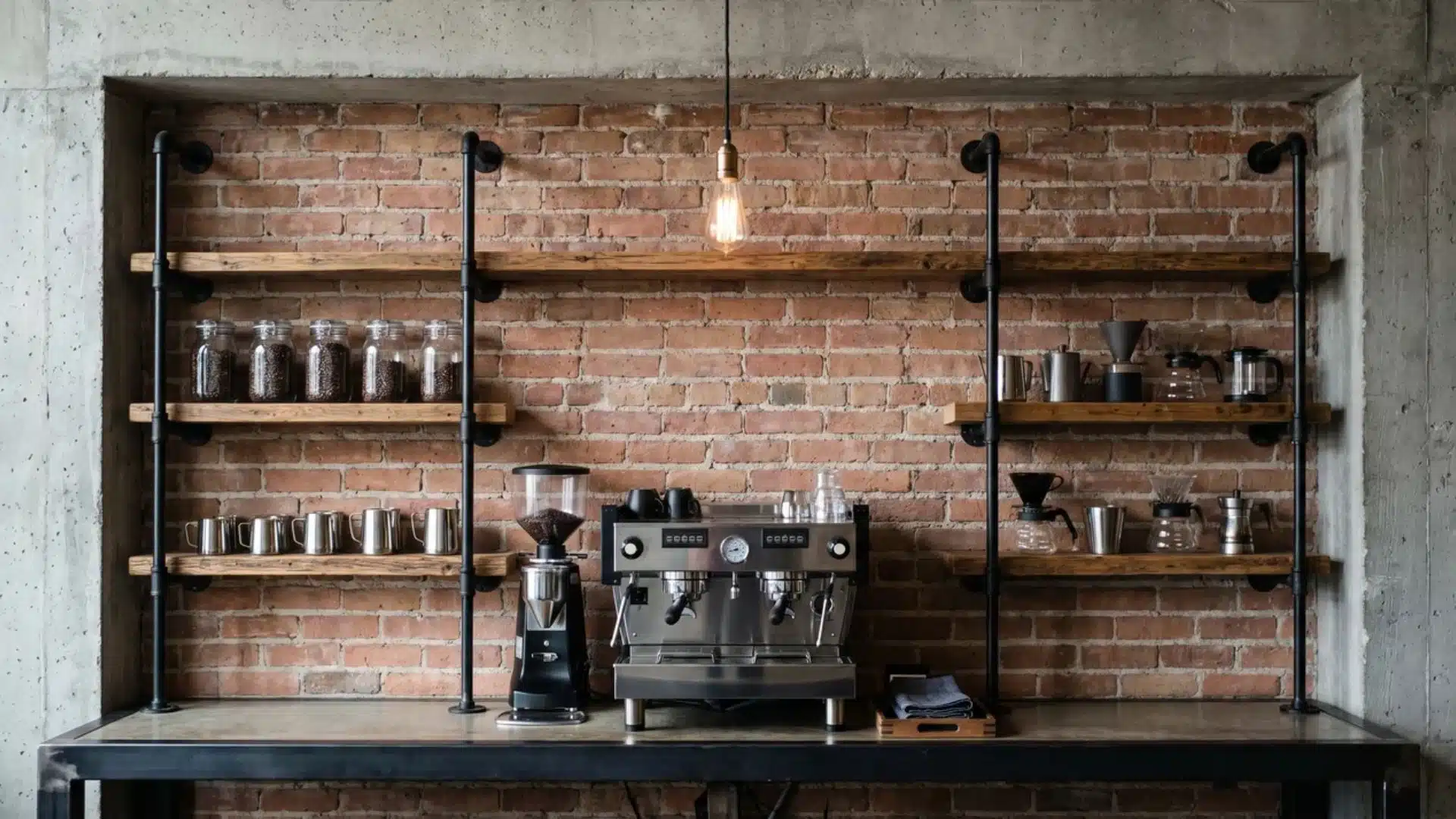 Industrial coffee bar with pipe shelves, reclaimed wood, exposed brick, Edison light, espresso machine, grinder, and metal mugs.