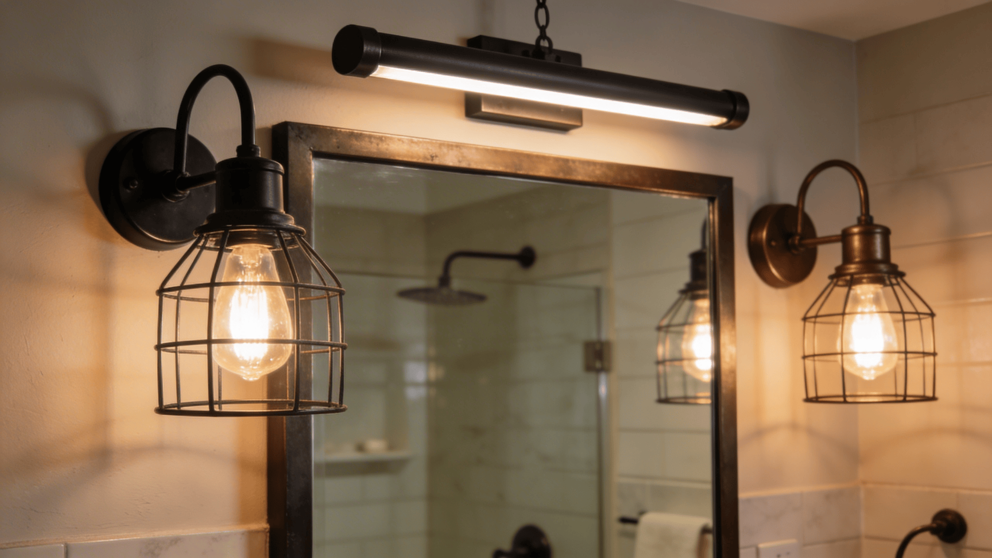 industrial style wall lights beside mirror with warm bulbs creating cozy bathroom lighting design