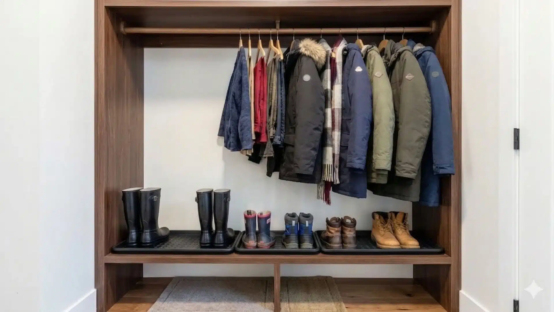 coat closet with shoe tray shelf under hanging coats holding wet and muddy shoes