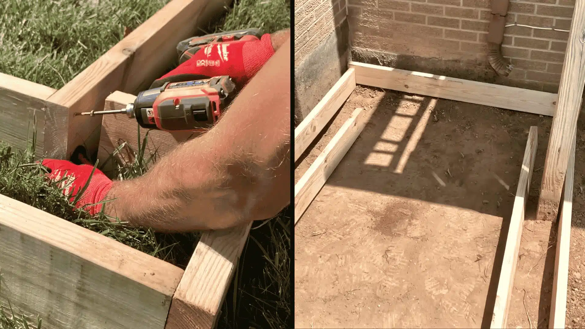 Wooden posts set in holes with braces and concrete poured for stability during outdoor shower frame setup.