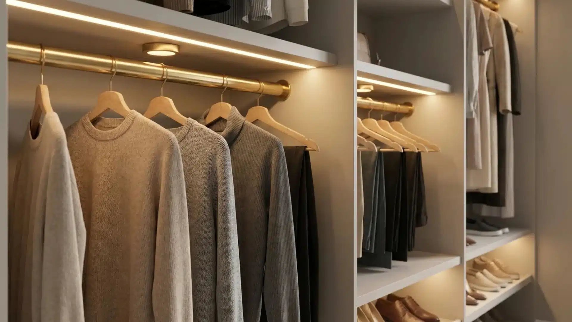Warm LED strip and puck lighting in a greige walk-in closet with brass rods, illuminating clothes and shoes.
