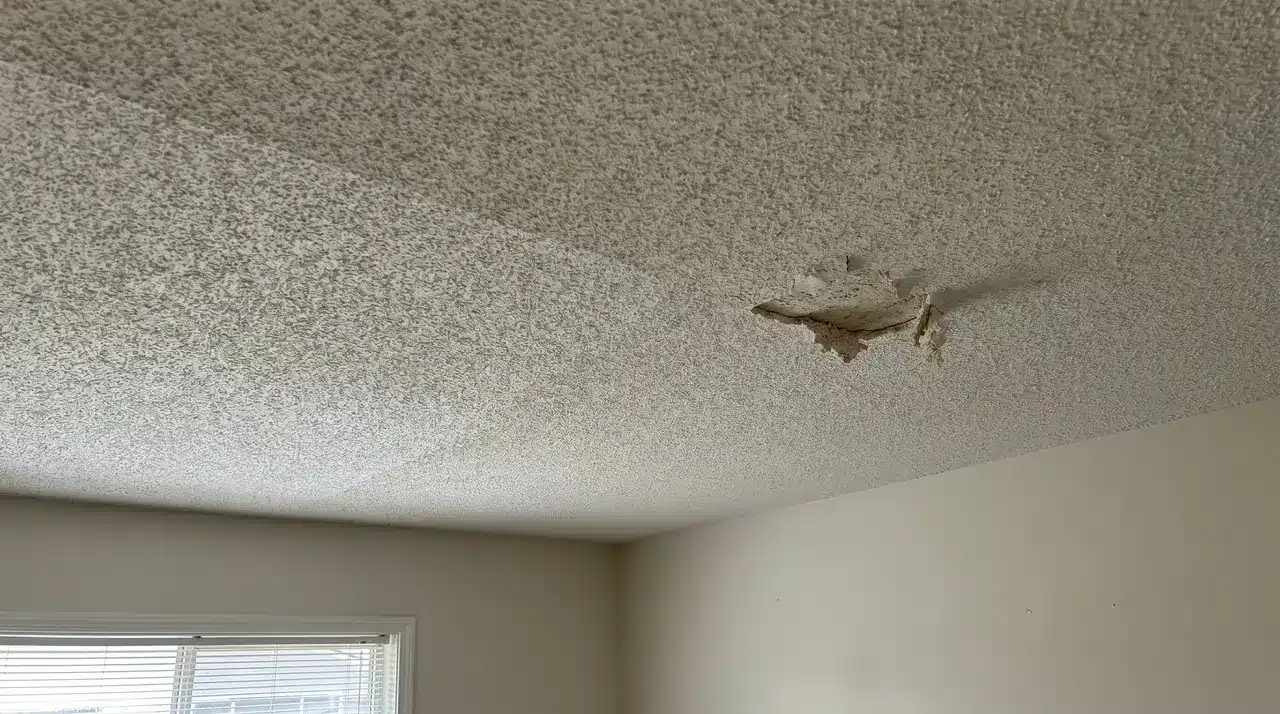 Popcorn-textured ceiling inside a room with a damaged patch where the ceiling material has broken away, exposing a rough hole and underlying layer near the corner above a window.