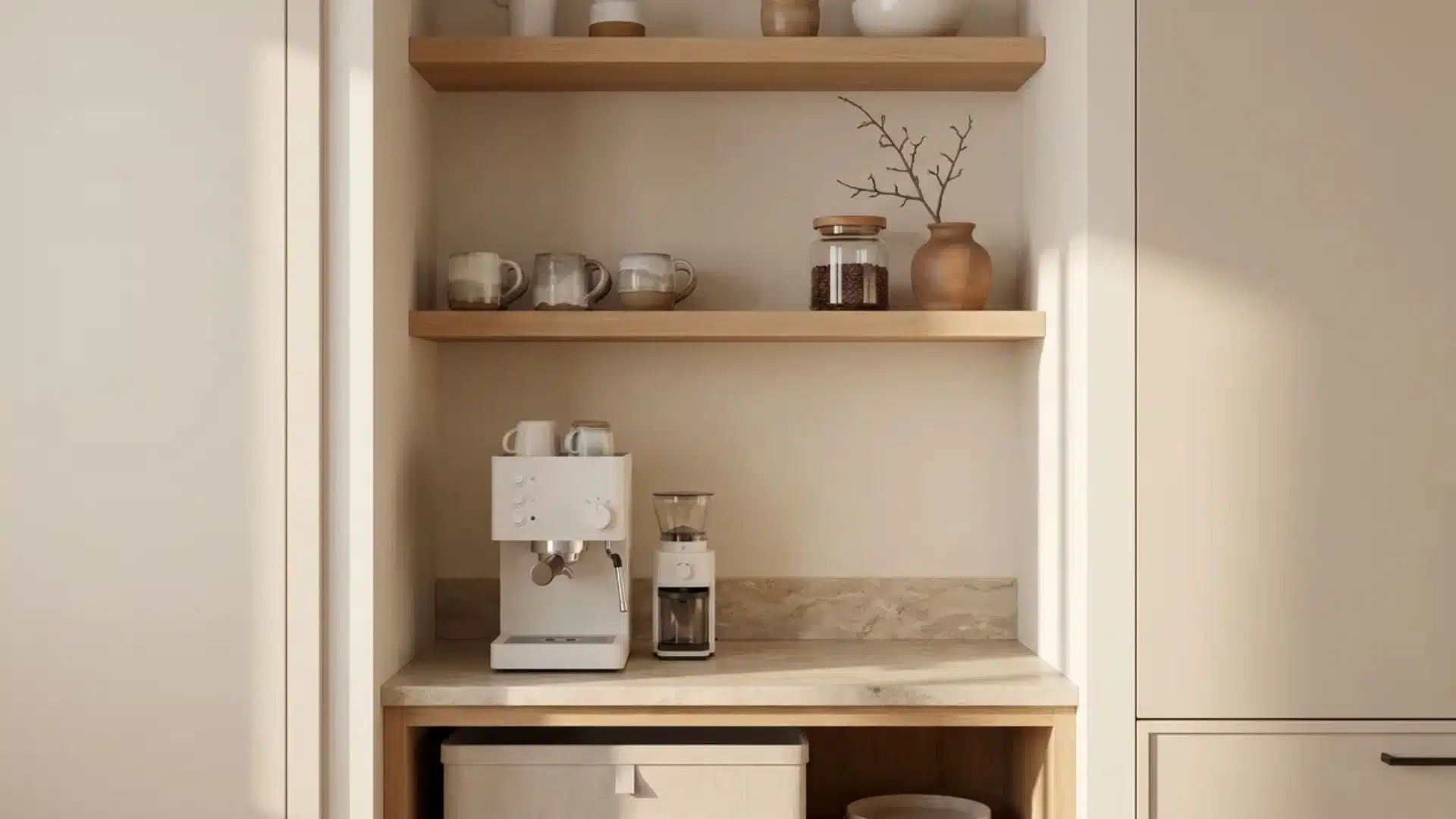 Japandi coffee nook with oak shelves, handmade mugs, espresso machine, bean jar, and soft natural kitchen light.