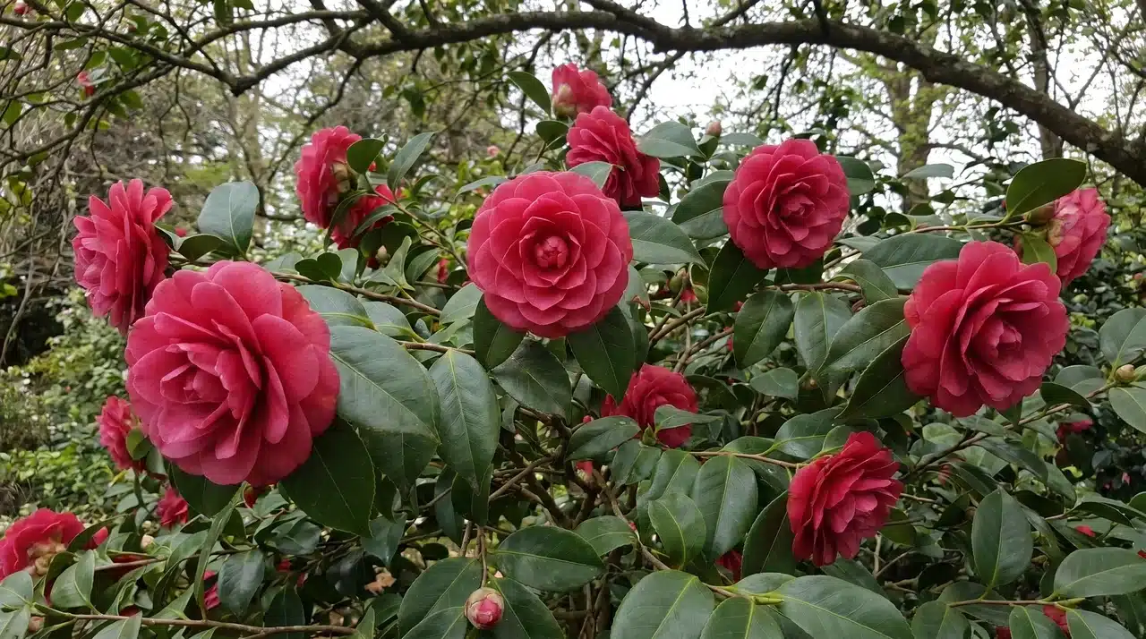 Japanese camellia flowers blooming on an evergreen shrub.