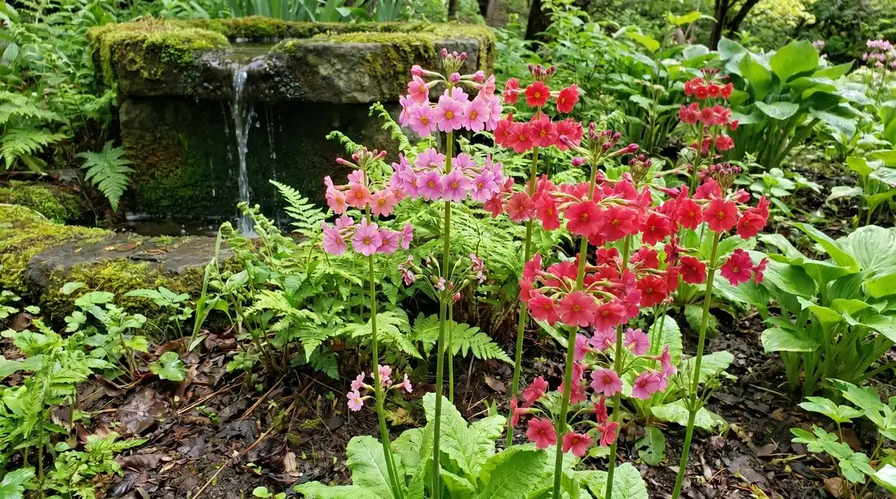 Japanese primrose flowers growing near a garden water feature.