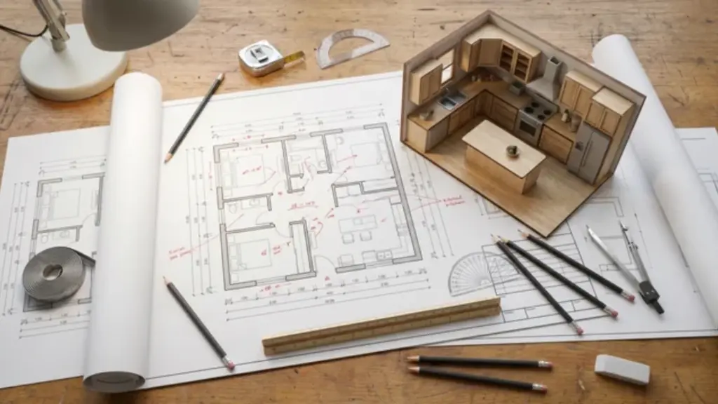 Architectural desk with kitchen floor plans, miniature kitchen model, and measuring tools used for layout planning
