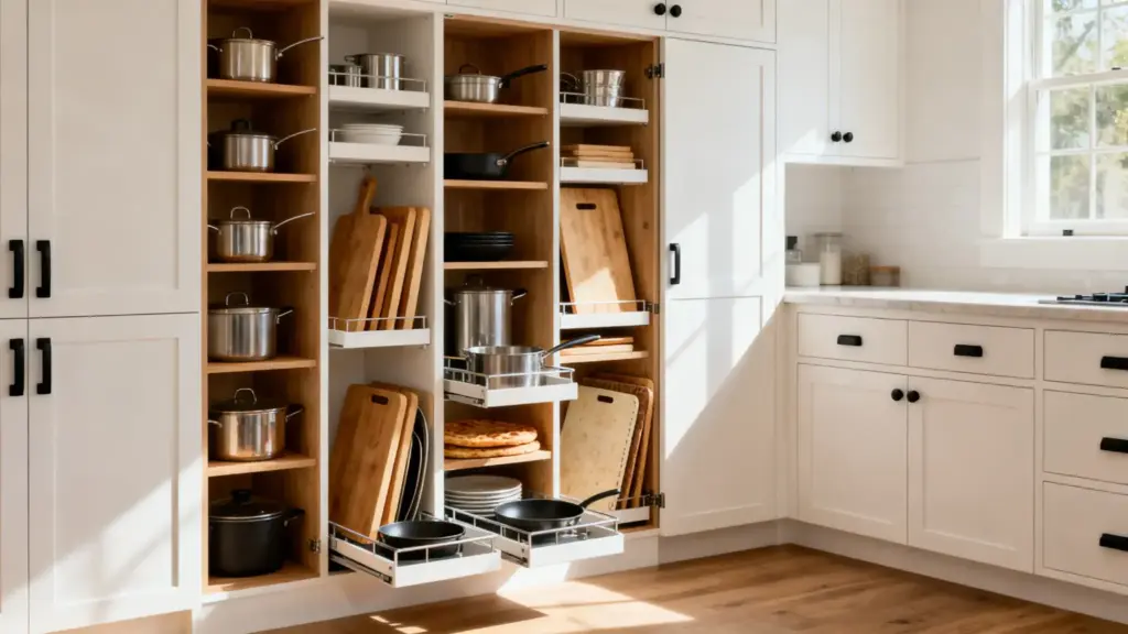 The Kitchen Storage Overhaul You’ve Been Putting Off (And Why It’s Easier Than You Think) Open kitchen cabinets revealing pots, pans, and cutting boards in a well-organized, sunny kitchen.