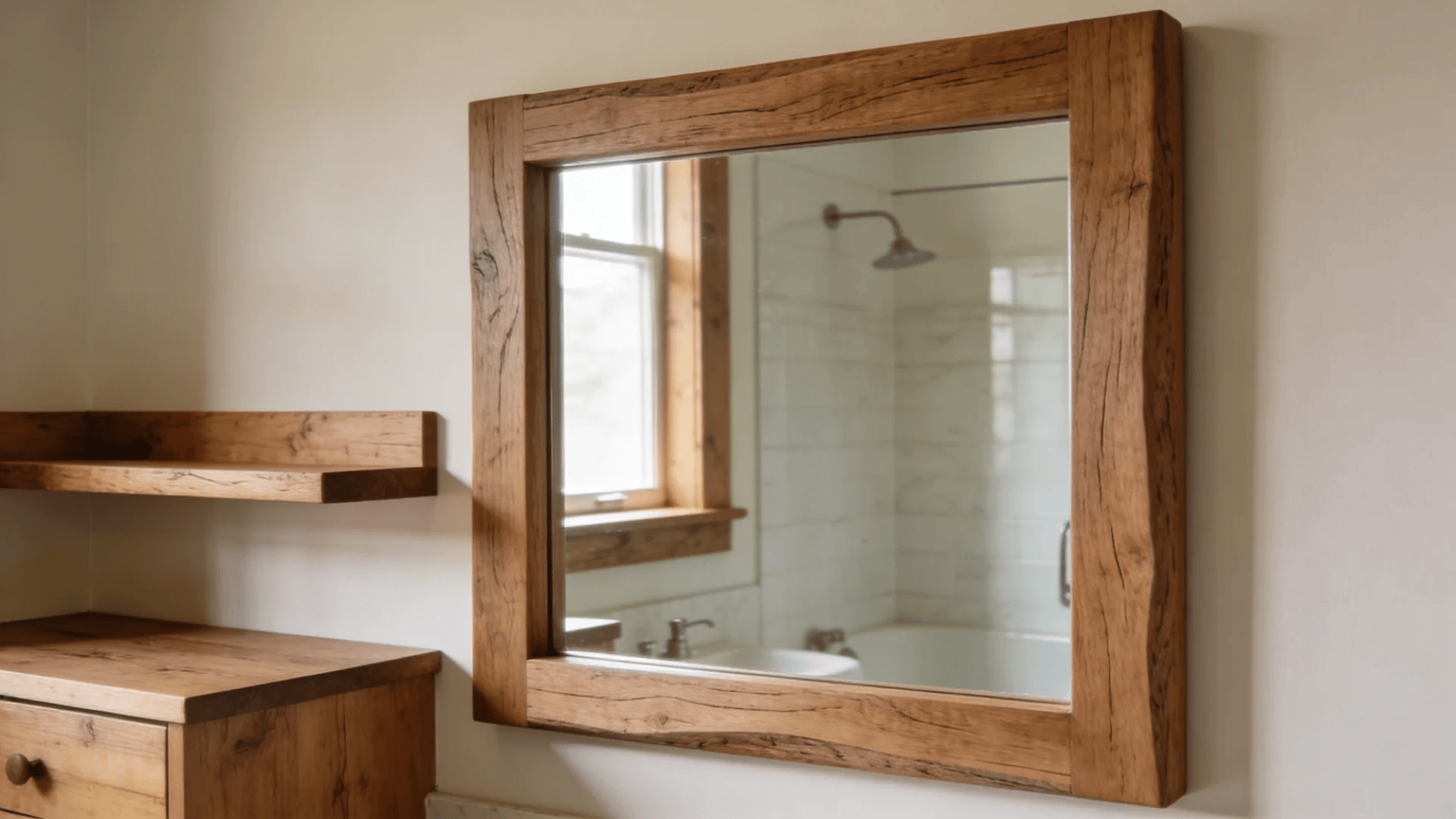 large wooden framed mirror reflecting bathroom with shelf and soft light in rustic interior design