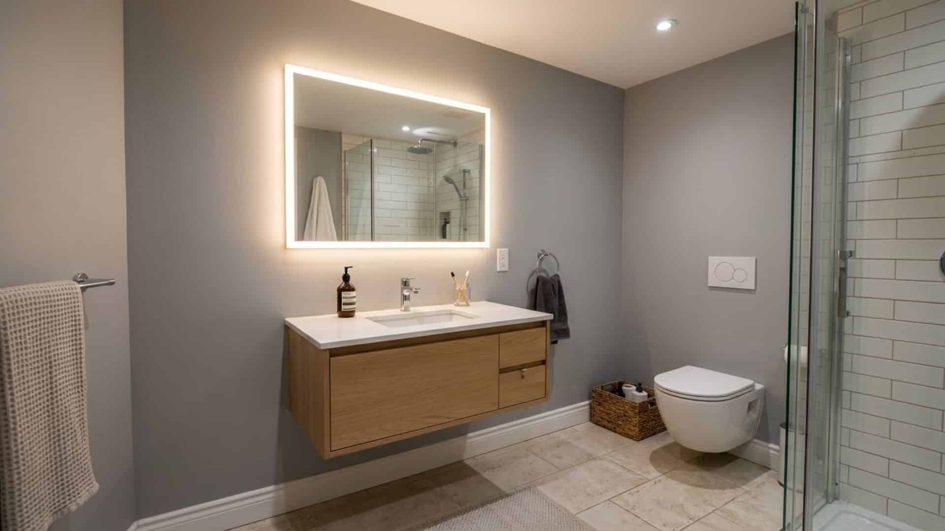 led mirror in basement bathroom with soft lighting neutral tones and modern clean compact design