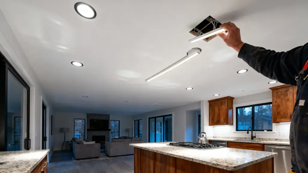 LED Recessed Lighting: What Homeowners and Electricians Should Know Installing LED ceiling light in modern kitchen with wooden cabinets and granite countertops