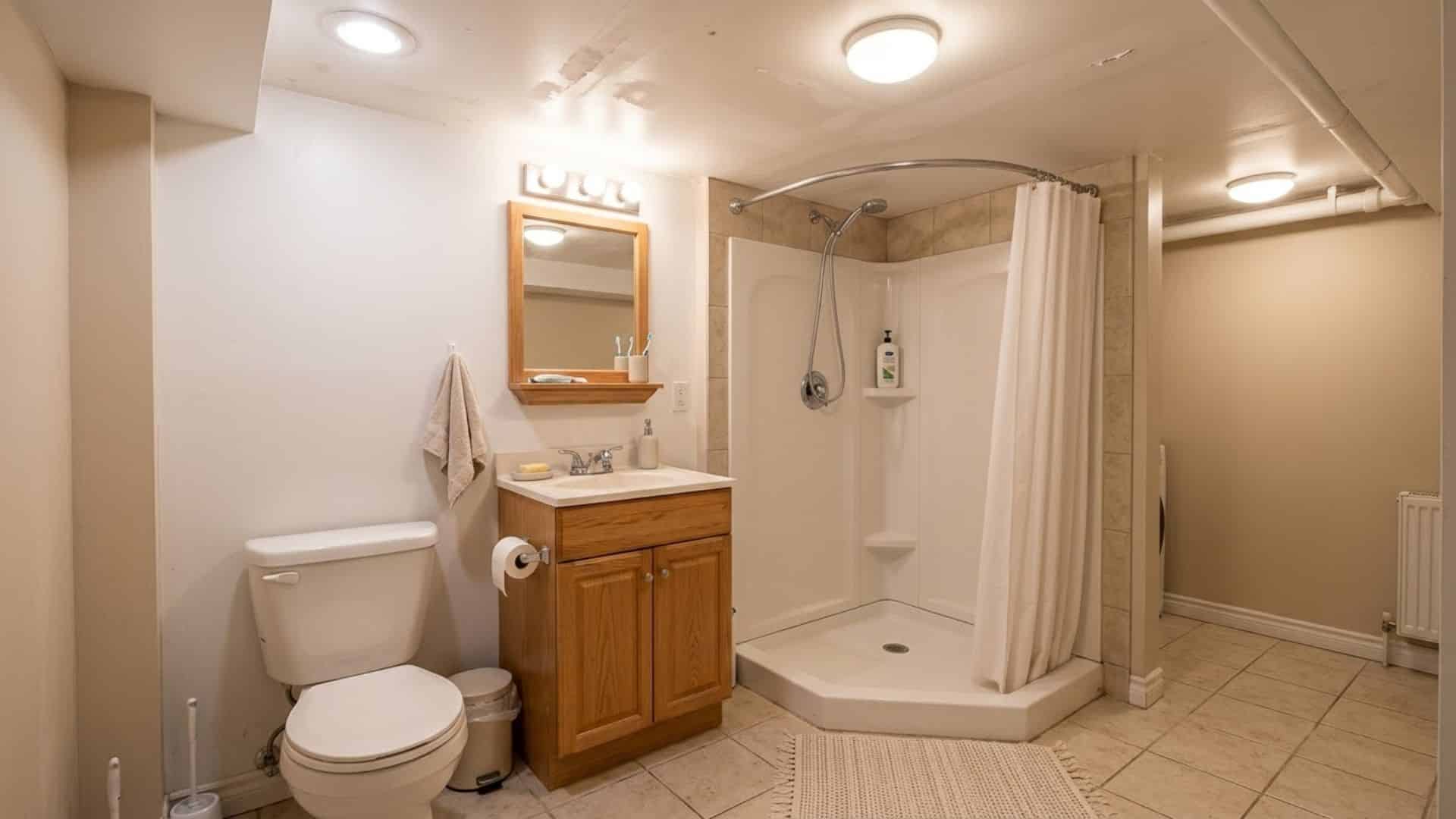 light colored basement bathroom with white walls neutral vanity soft lighting and simple clean interior design