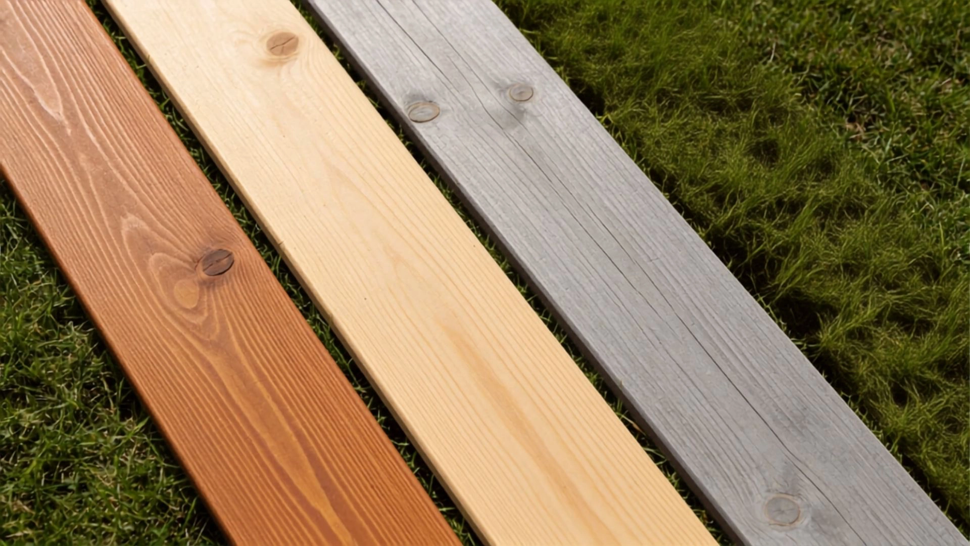 light stained pine boards including golden oak and weathered oak placed on grass in daylight