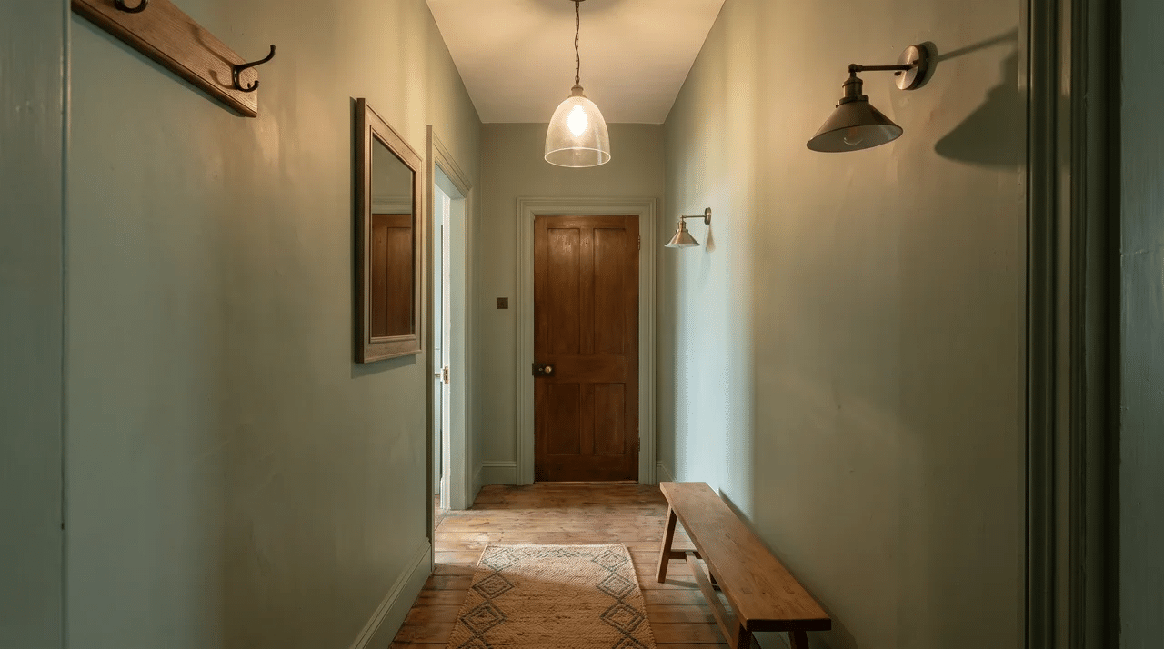 small entryway lit by pendant and wall sconces
