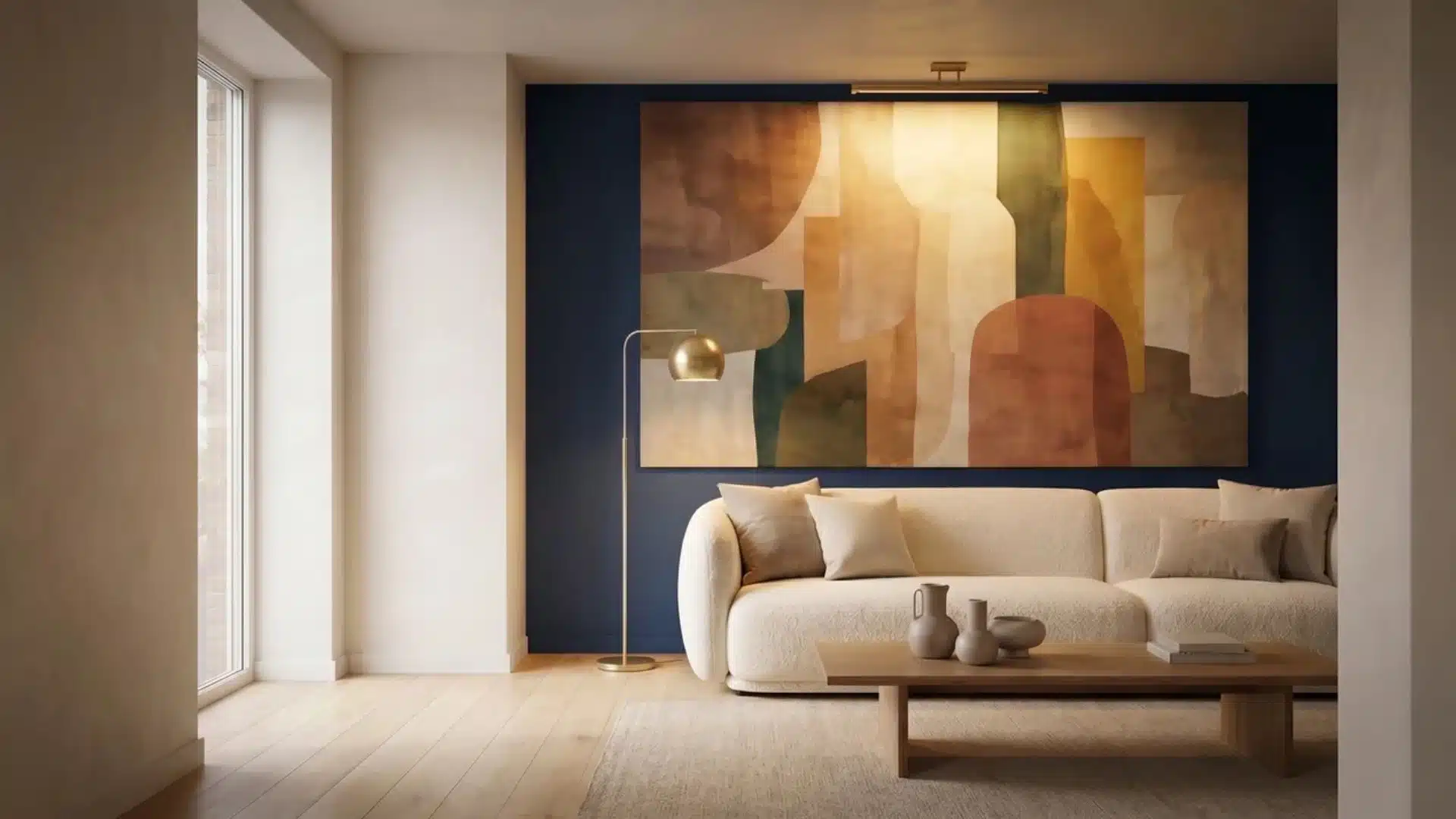 Living room with navy wall, oversized canvas, and a picture light now highlighting the art, layering lighting emphasis.