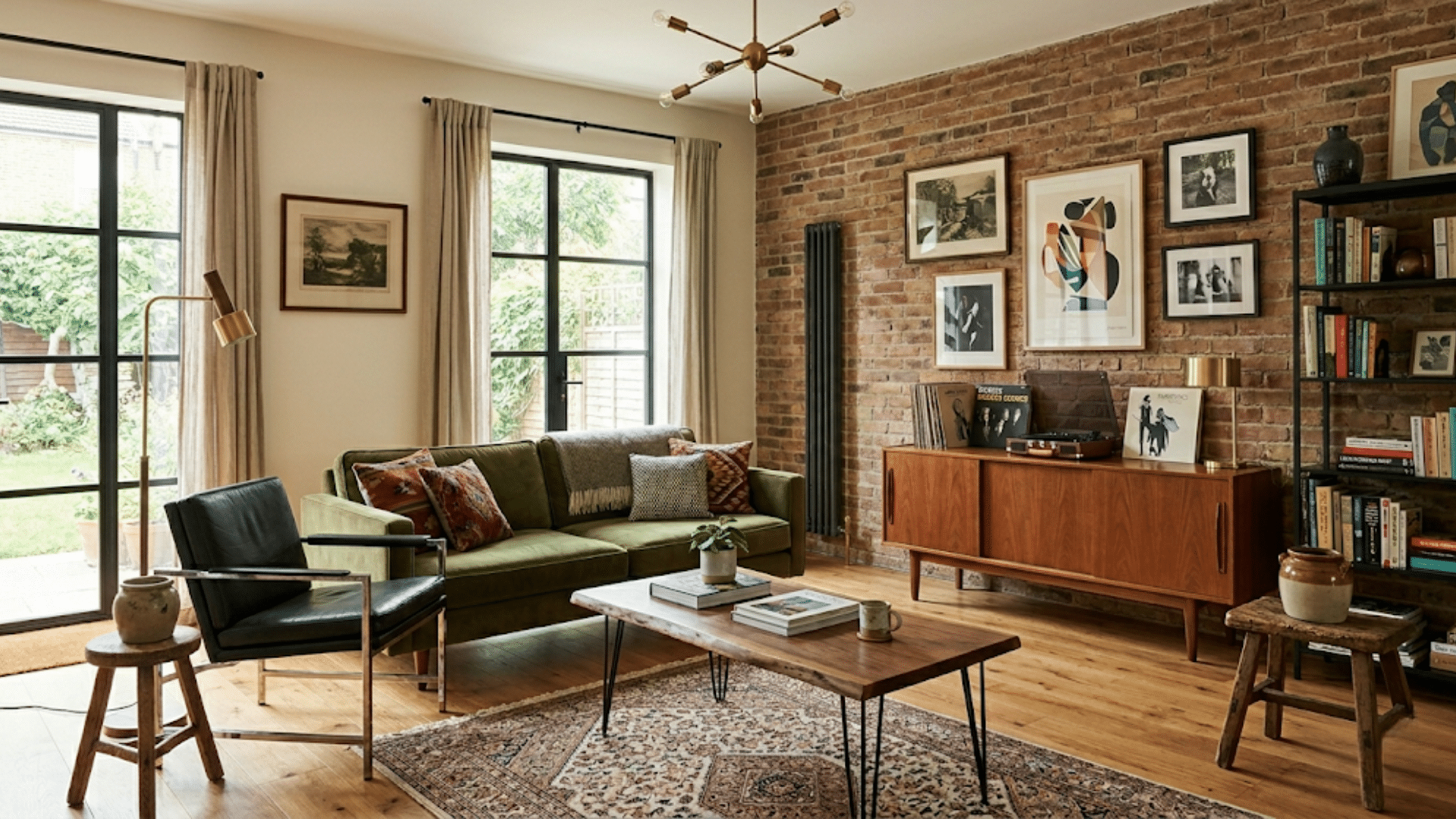 living room with light sofa framed wall art vintage cabinet and warm lighting against a brick wall