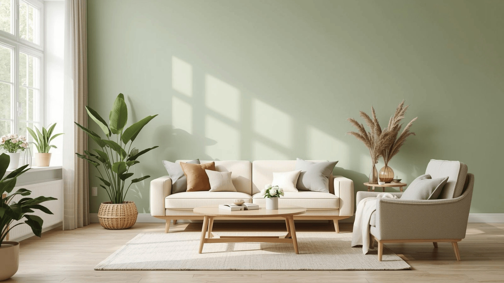 living room with soft green accent wall neutral sofa plants and natural light