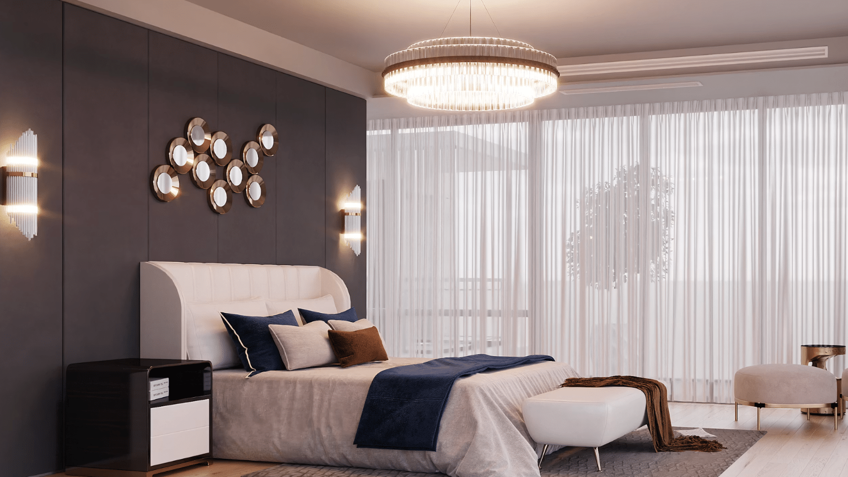 luxury bedroom with upholstered bed elegant chandelier sheer curtains and modern accent seating by large windows