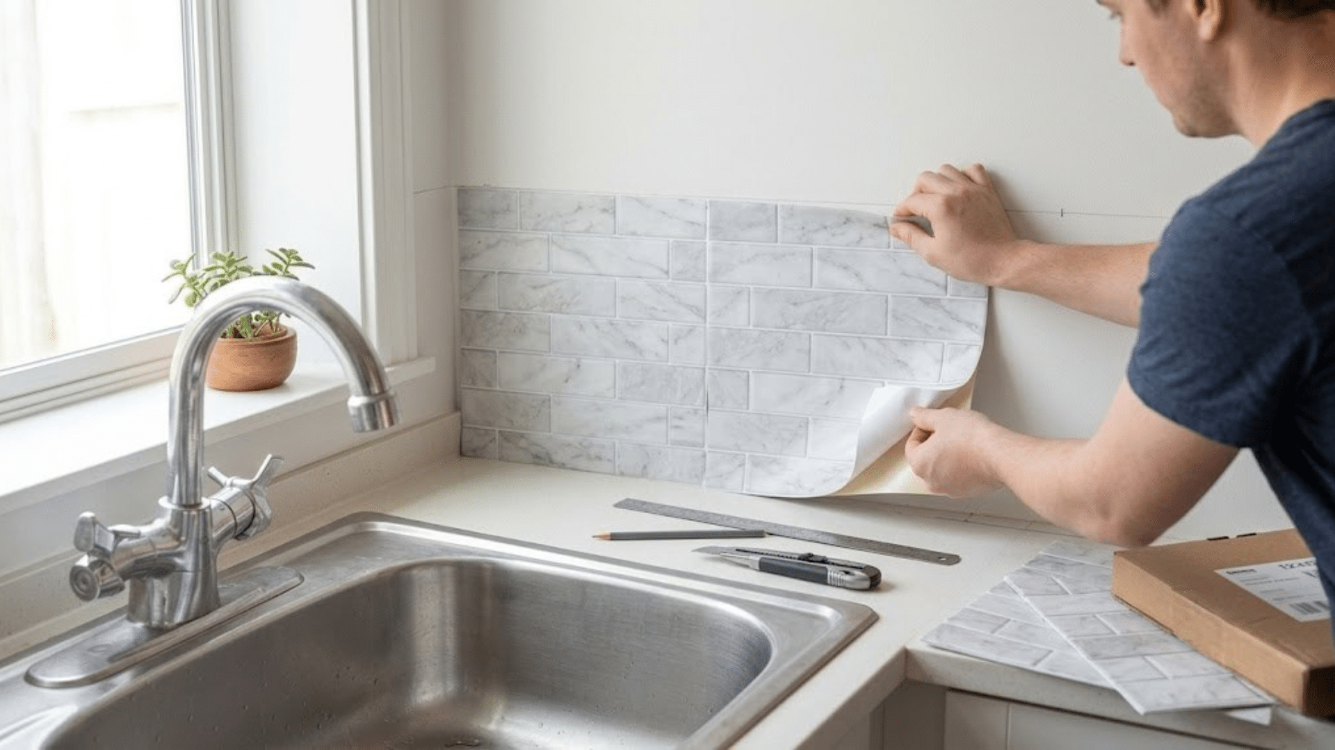 man applying faux marble peel and stick backsplash tiles on a kitchen wall next to a chrome sink