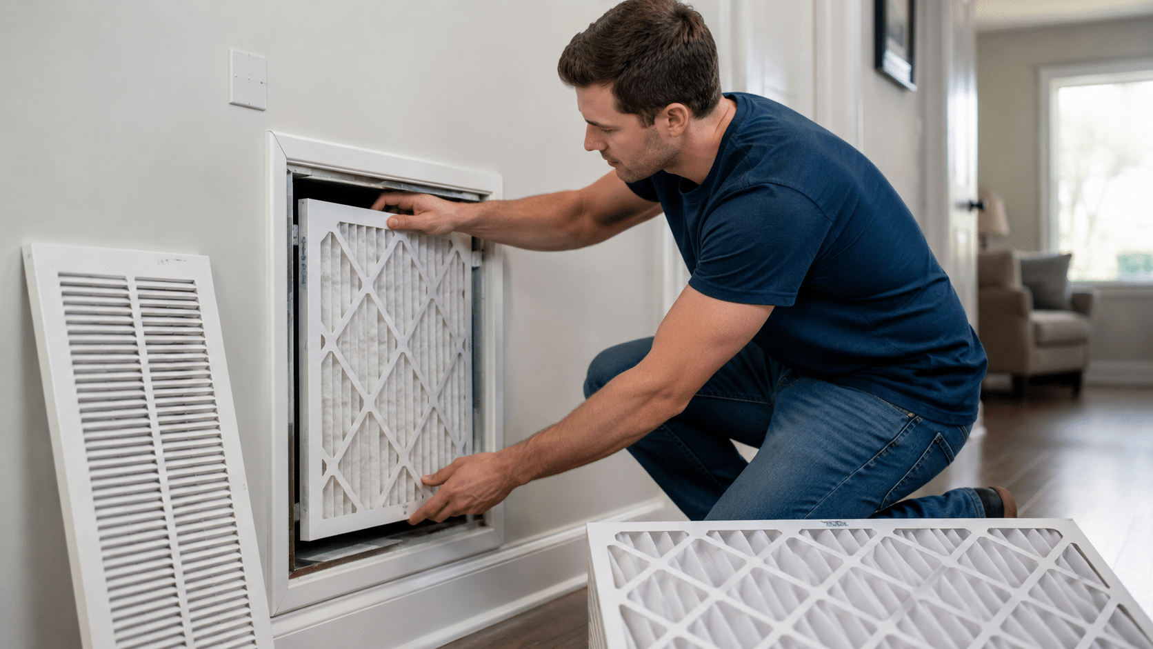 man kneeling on floor replacing hvac air filter in wall vent with clean panel beside him in bright home