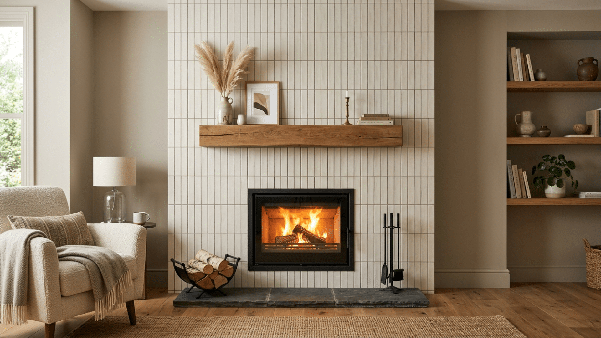 marble tile fireplace surround adding a bright polished look to a stylish living space
