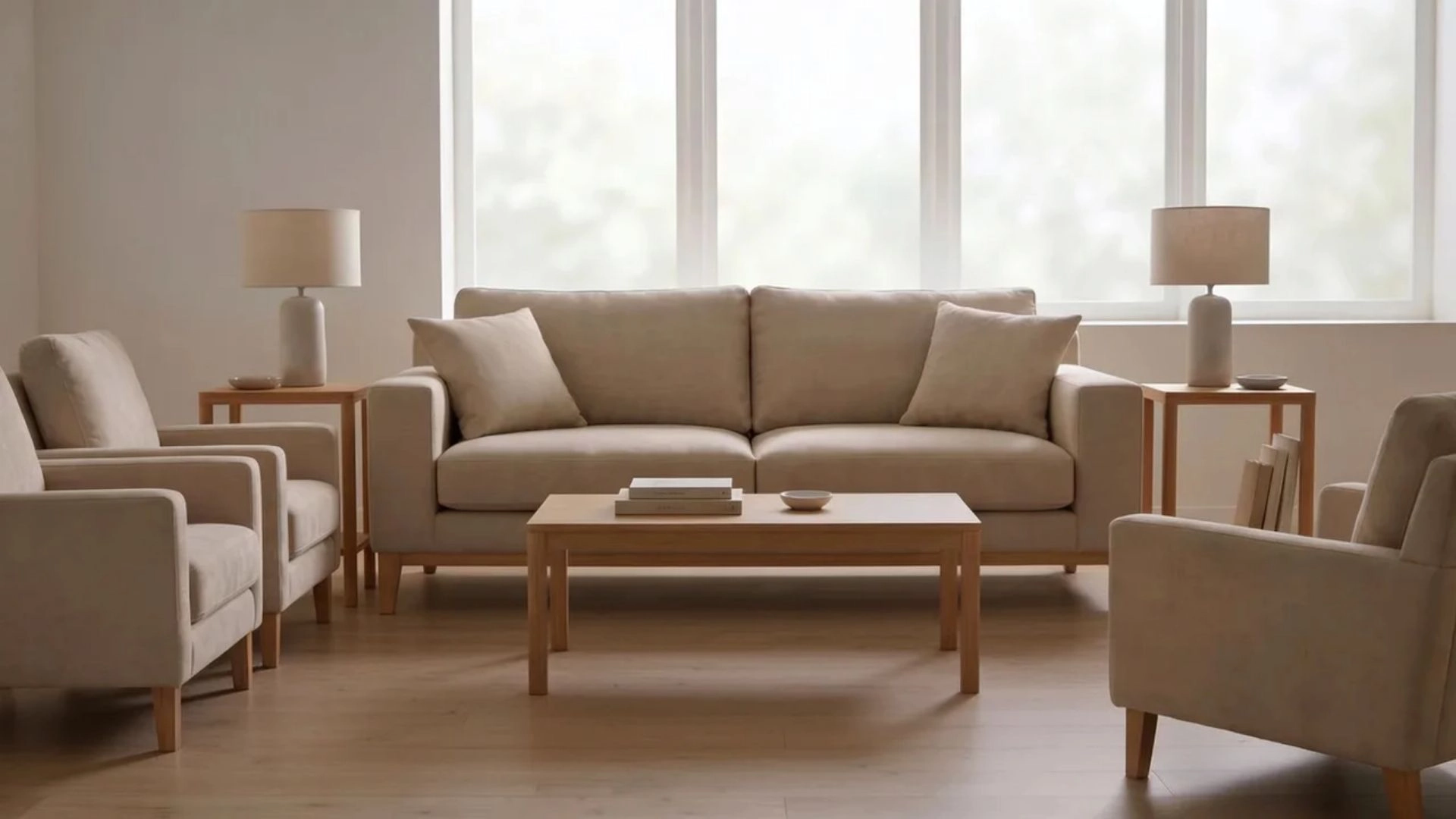Coffee table two-thirds the sofa length with ample walking space, demonstrating correct furniture proportion.