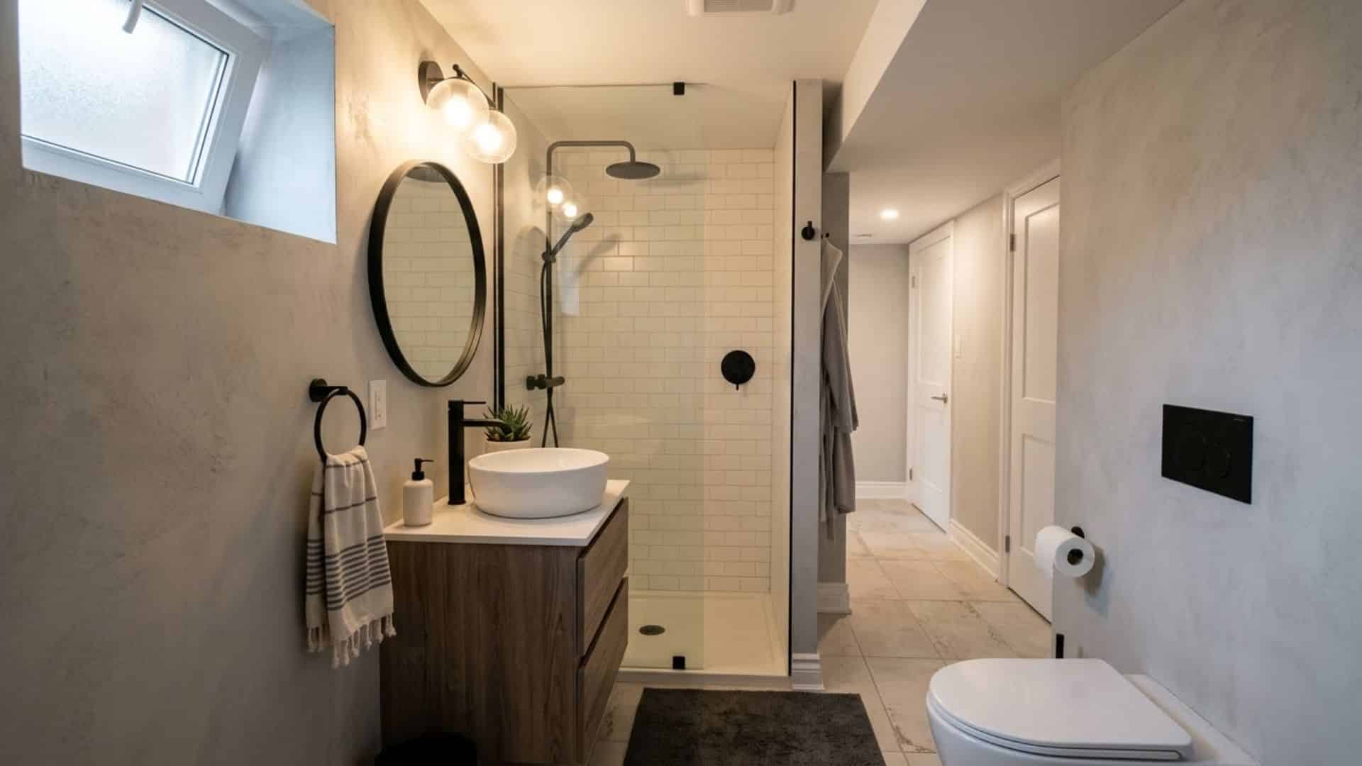 matte black fixtures in basement bathroom with white sink light walls and modern clean updated interior design