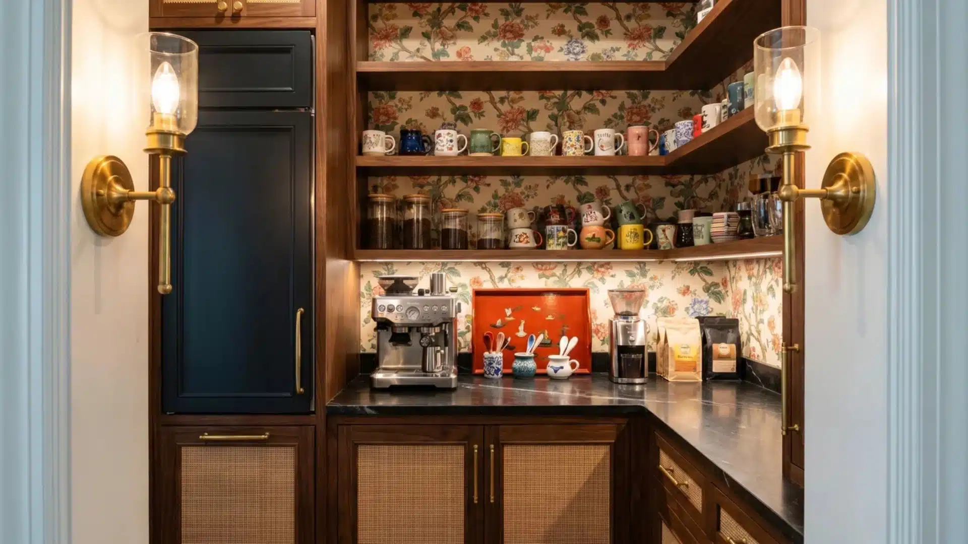 Maximalist pantry coffee bar with floral wallpaper, dark cabinets, sconces, mini fridge, colorful mugs, and espresso gear.