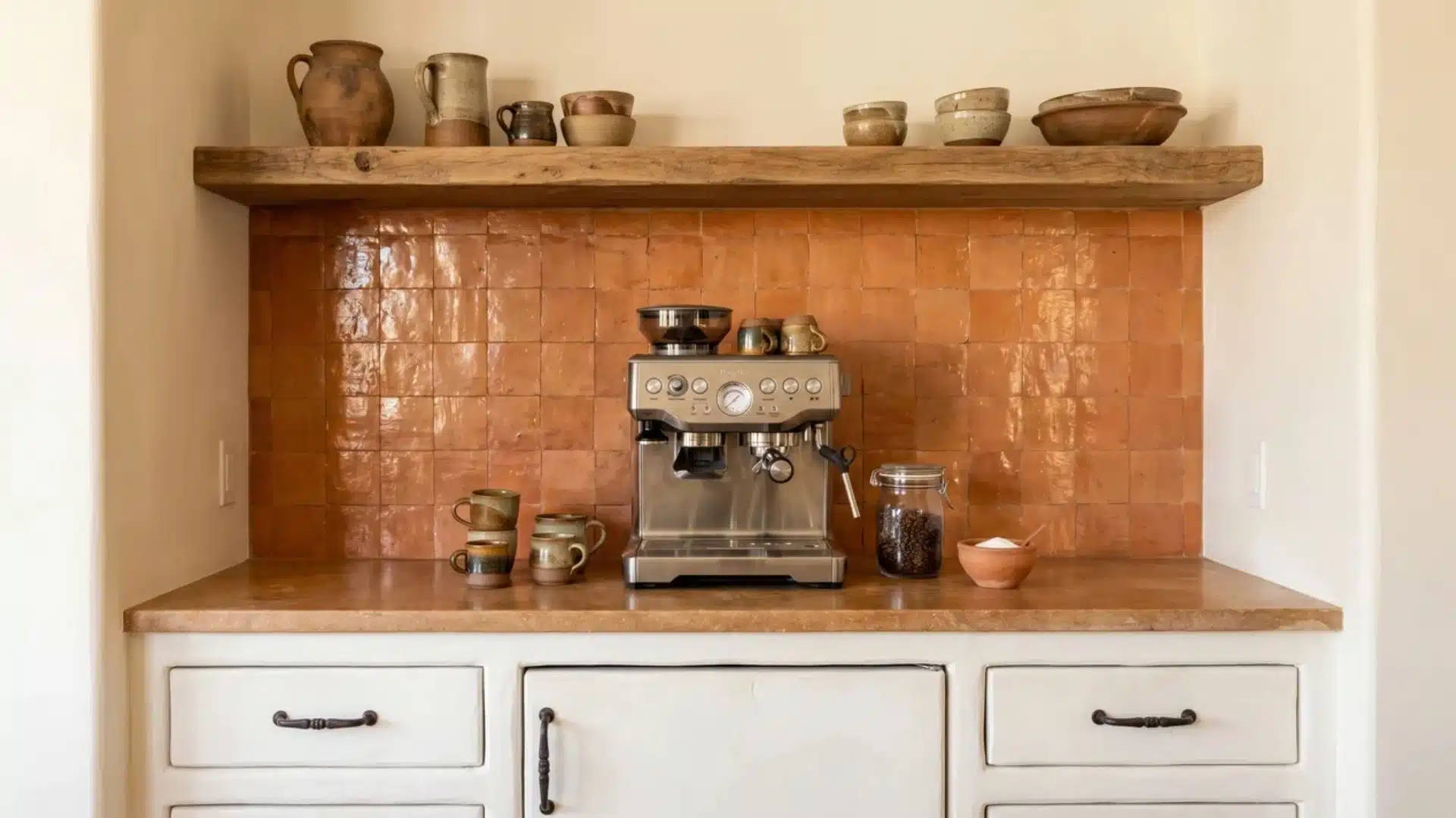 Mediterranean coffee bar with terracotta zellige tile, white plaster cabinet, pottery, espresso cups, and warm stone.