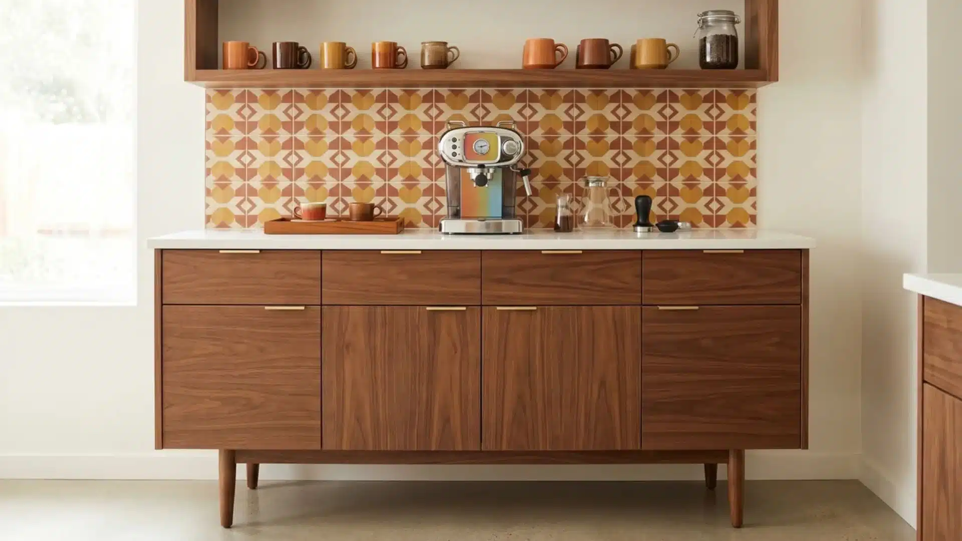 Mid-century coffee bar with walnut cabinets on tapered legs, geometric tile, retro espresso machine, mugs, and teak tray.