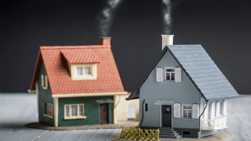 miniature model houses with smoke rising from chimneys placed on a wooden surface against a dark background