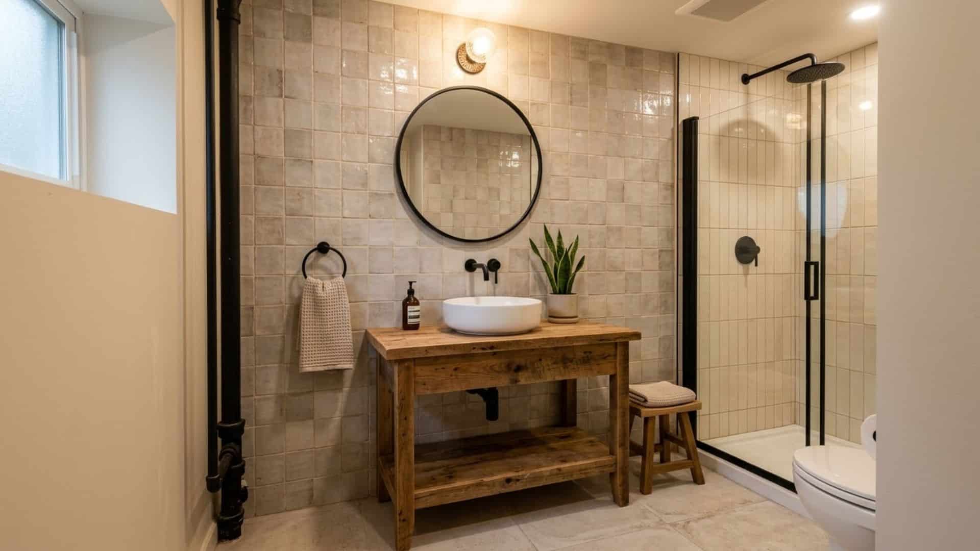 mixed textures basement bathroom with wood tile and metal fixtures layered design modern clean interior look
